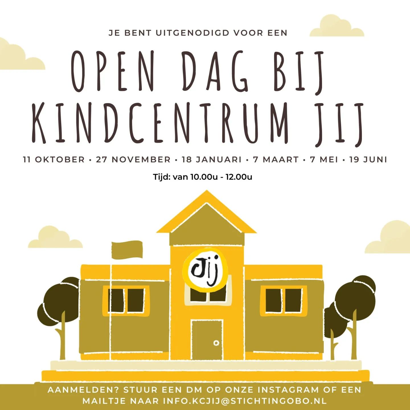 Een keer bij ons mooie kindcentrum binnenkijken? Voel je welkom tijdens onze open dagen. 💛

Op 11 oktober, 27 november, 18 januari, 7 maart, 7 mei en 19 juni openen wij onze deuren van 10.00 uur tot 12.00 uur. 🏫

Wil je aansluiten? Meld je dan aan door ons een berichtje te sturen via Instagram (DM) of door een mail te sturen naar: info.kcjij@stichtingobo.nl. Lukt het op bovenstaande data niet, maar wil je wel graag een keer langskomen? Stuur ons dan een e-mail met het verzoek, we denken graag met je mee. 

Wij hopen jullie snel te ontmoeten! 

#opendag #kindcentrumjij #terheijden #brabant #noordbrabant #school #scholen #stichtingobo