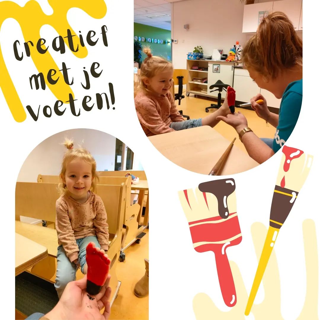 Rondom het thema ‘Ik ben een kunstenaar’ zijn we erg creatief. 🎨🖌️ Zo maken onze kunstenaars van de Peutergroep een mooie knutsel met hun voetje. Brrrr dat kietelt wel zeg! 🤭