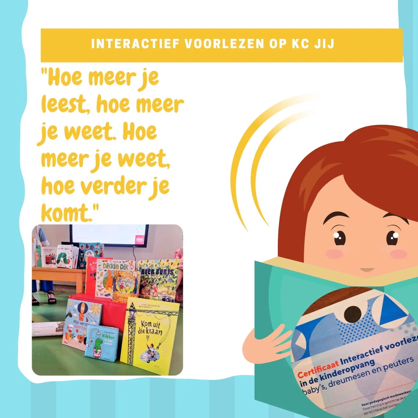 Interactief voorlezen 📚

Wisten jullie dat; Er laatst een trainings avond was waarbij alle pedagogisch medewerkers van KC Jij hun certificaat behaald hebben voor het “Interactief voorlezen in de kinderopvang”!?🥳

#voorlezen #certificaat #ontwikkelen